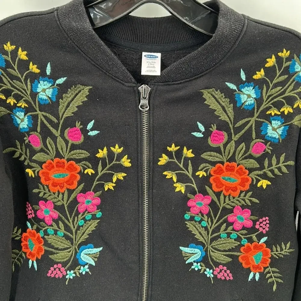 Old Navy Girl's Black Full Zip Sweatshirt Floral Embroidery size 14
